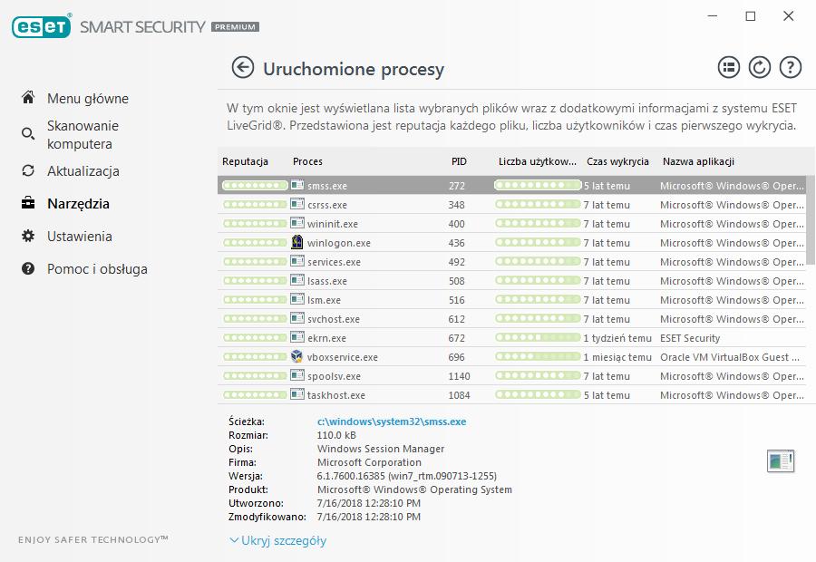 4.6.10.2 Uruchomione procesy Funkcja Uruchomione procesy wyświetla uruchomione na komputerze programy lub procesy oraz natychmiastowo i w sposób ciągły informuje firmę ESET o nowych infekcjach.