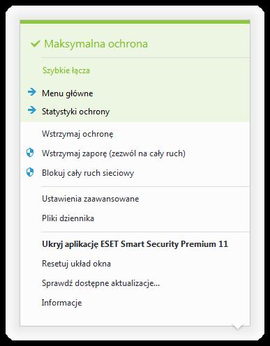 4.7.4 Menu programu Dostęp do części najważniejszych opcji konfiguracji oraz funkcji można uzyskać po kliknięciu prawym przyciskiem myszy ikony na pasku zadań.