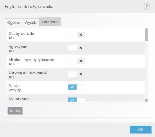 4.4.1.1 Kategorie Włączenie przełącznika obok kategorii powoduje zezwolenie na nią. Jeśli przełącznik pozostanie niewłączony, kategoria nie będzie dozwolona dla tego konta.