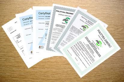 Certyfikaty Certyfikat TÜV Rheinland w zakresie wprowadzenia i stosowania zarządzania jakością potwierdzający spełnienie wymagań normy ISO 9001:2000 Certyfikat TÜV Rheinland w zakresie wprowadzenia i
