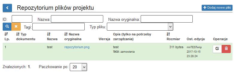 Przycisk edytuj otwiera formularz szczegółów pliku: W formularzu uzupełnić należy pola: - Nazwa pole tekstowe, - Typ dokumentu - należy wybrać z listy dokument odzwierciedlający stan faktyczny, -