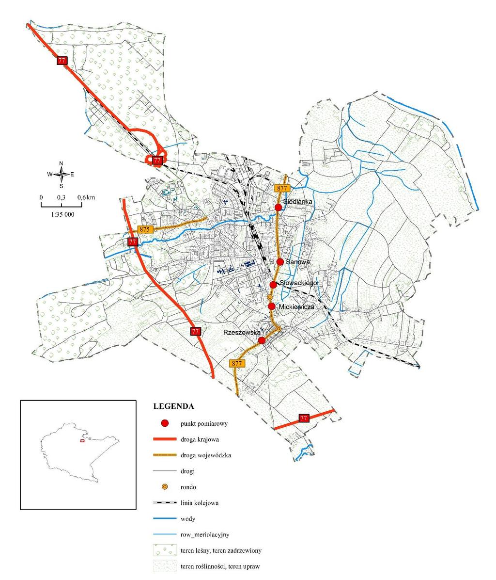 Mapa akustyczna miasta Leżajska w otoczeniu dróg wojewódzkich Nr 875 i Nr 877 Rys. 3.2.2. Lokalizacja punktów pomiarowych hałasu drogowego, Leżajsk, 2016 r.