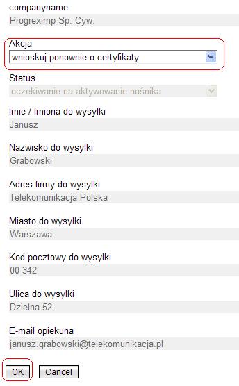 Rysunek 25 Wybranie i zatwierdzenie w formatce konta BPTP akcji "wnioskuj ponownie o certyfikaty" Po zatwierdzeniu wniosku pracownika przez przełożonego, wniosek zostaje przekazany do Centrum