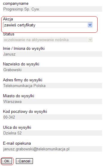 Rysunek 27 Wybranie i zatwierdzenie w formatce konta BPTP akcji "zawieś certyfikaty" 3.2.2 Zawieszenie certyfikatów partnera przez opiekuna Opiekun może w imieniu partnera zawiesić certyfikaty.