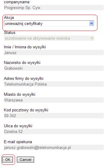 Rysunek 28 Wybranie i zatwierdzenie w formatce konta BPTP akcji "unieważnij certyfikaty" 3.4 Odblokowanie nośnika certyfikatów UWAGA!