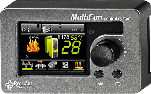 Automatyka RECALART MultiFun standard: PID (czujnik temperatury spalin), czujnik żaru, obsługa czterech pomp oraz dwóch zaworów mieszających, moduł ETHERNET