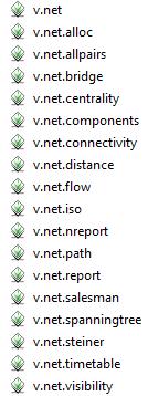 net.. Przykładowo są to: v.net.allpairs generuje macierz odległości między wszystkimi parami punktów danej warstwy wektorowej v.net.distance jak wyżej, tylko dla dwóch warstw wektorowych początkowej i końcowej v.