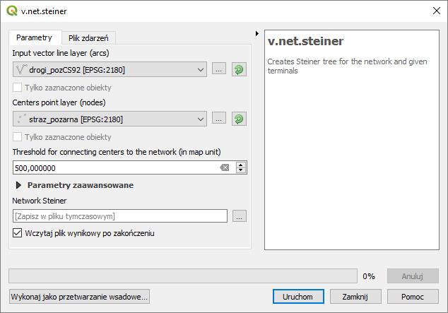 3.4. v.net.steiner Algorytm generujący drzewo Steinera wymaga takich samych parametrów, co v.net.allpairs.