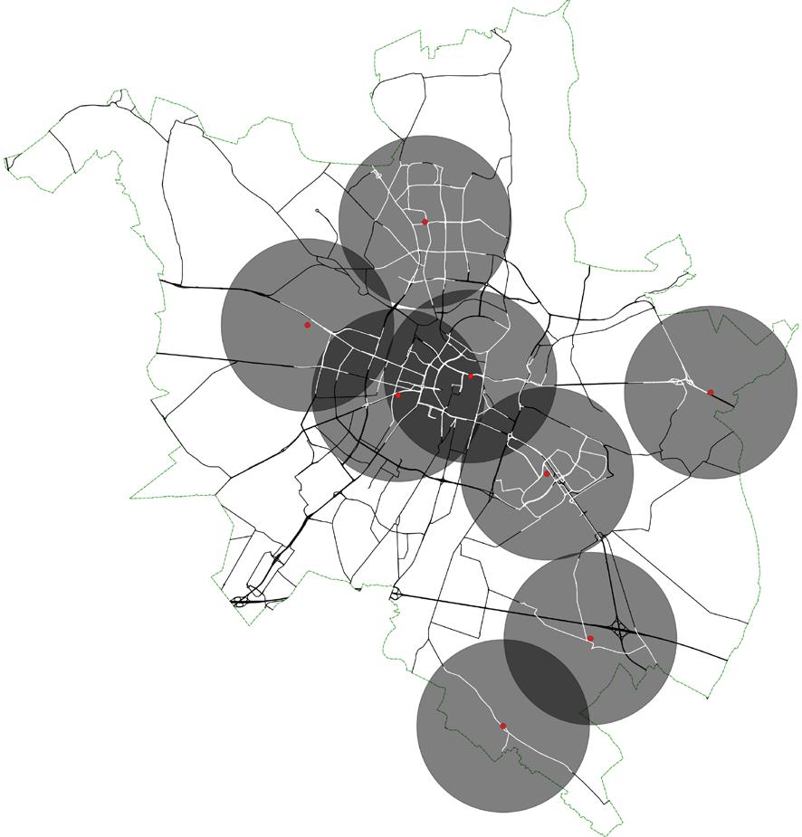 Poleceniem Service area (from layer) wyznacz zasięg straży pożarnej dla czasu dojazdu wynoszącego 300 sekund (5 minut) oraz dla odległości wynoszącej 2500 metrów. Załóż, że przepisy są przestrzegane.