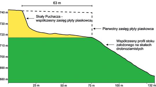 Ryc. 82. Profil przekształconego antropogenicznie stoku w obrębie Skał Puchacza. W przedstawionym miejscu na skutek eksploatacji ściana skalna została cofnięta o ponad 60 m. Ryc. 84.