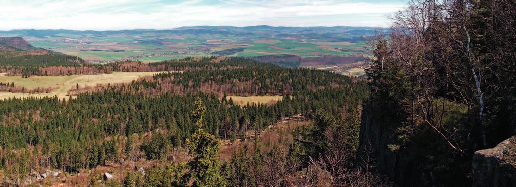 Szczeliniec Wielki: Wielkie Tarasy widok na północ Widok z Wielkich Tarasów na Szczelińcu Wielkim w kierunku północnym obejmuje kilka planów i regionów geograficznych Sudetów Środkowych.