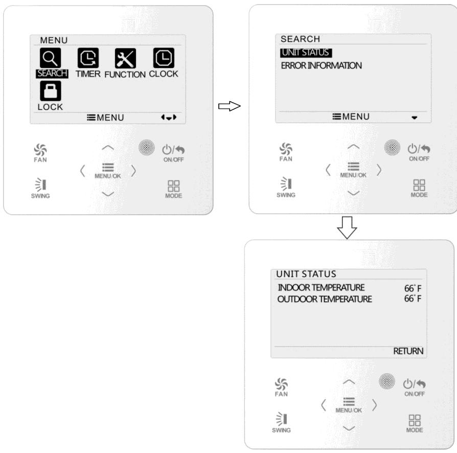 Funkcja informacji o stanie urządzenia Naciśnij przycisk MENU i wybierz funkcję SEARCH. Następnie naciśnij przycisk MENU aby przejść do funkcji przeglądania stanu urządzenia.