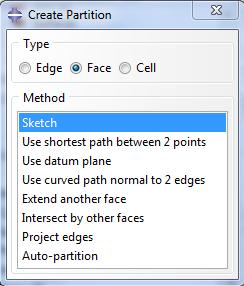 .. W oknie Create Partition wybierz Type: Face i Method Sketch.