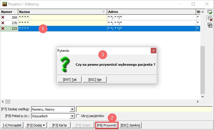 ROZPORZĄDZENIE O OCHRONIE DANYCH OSOBOWYCH W SYSTEMIE Rys. 24. Przywrócenie karty Po wybraniu przycisku [ENT] Tak wyświetlone zostanie okno, w którym należy podać cel przetwarzania danych.