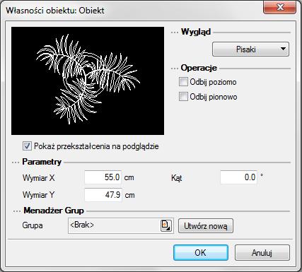 Obiekty Przed wprowadzeniem można wywołać okno Własności obiektu: Przy wywołaniu okna mamy możliwość definicji następujących parametrów: Wymiar X szerokość obiektu w układzie współrzędnych obiektu.