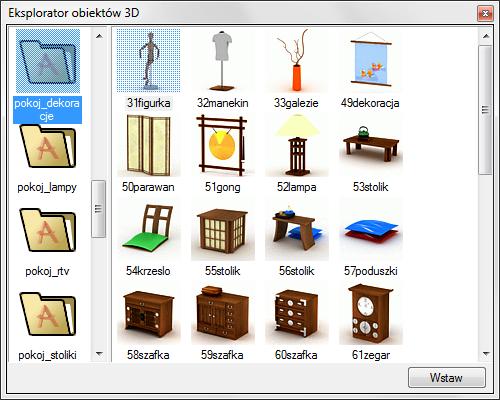 Obiekty 3D Wprowadzanie obiektów 3D Obiekty 3D po wprowadzeniu na rzut kondygnacji są widoczne zarówno na rzucie, przekroju jak i podglądzie 3D.
