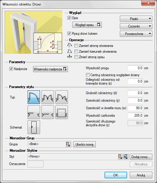 Stolarka okienna i drzwiowa DRZWI Wprowadzanie drzwi Program ArCADia pozwala na wstawianie, na rzutach ścian (jedno lub wielowarstwowych), definiowanych przez użytkownika otworów drzwiowych z