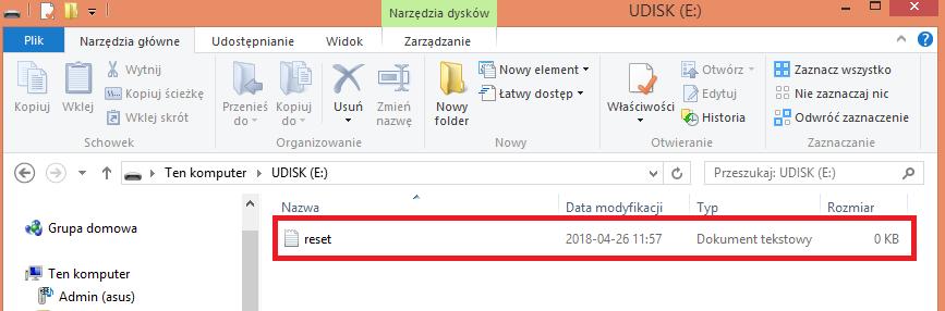 5) Następnie na karcie prawym przyciskiem utworzyć plik tekstowy o nazwie reset.