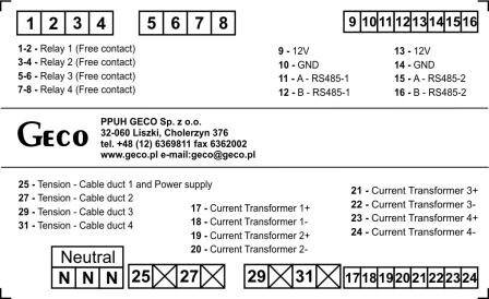 Rys.. Sterownik OPTI-ENER widok z przodu 2 3 4 2 Beznapięciowe styki zwierne Zatrzask uchwytu obudowy 3 Port RS 485-4 5 6 Port RS 485-2 Gniazda pomiaru napięcia i zasialanie sterownika Przewody