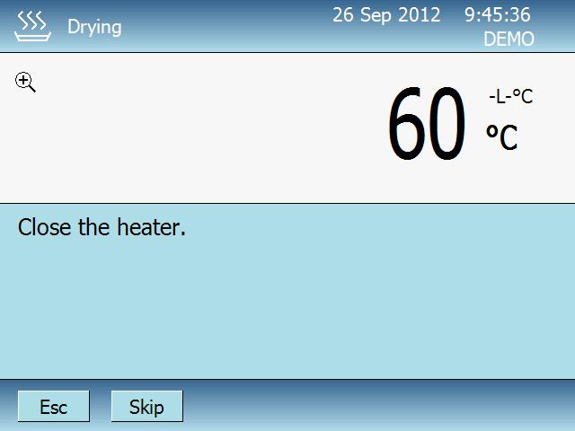 Przed rozpoczęciem pomiaru przyrząd nagrzewany jest do ustawionej temperatury suszenia. Aktualna temperatura (przy temperaturach < 35 C wyświetlana jest litera L ). Ustawiona temperatura suszenia.