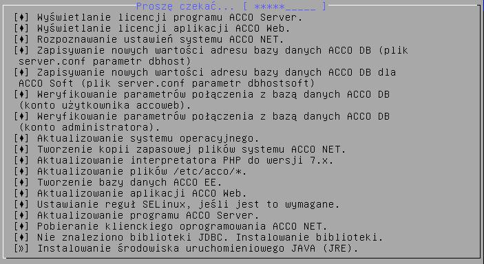 60 ACCO NET SATEL 32. Zostanie wyświetlona informacja o instalowaniu biblioteki JDBC i środowiska uruchomieniowego programu JAVA. 33.