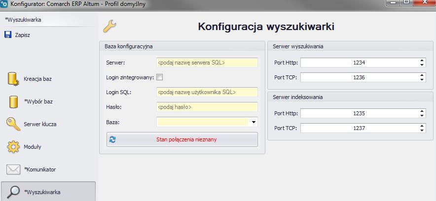 Rys. 36 Konfiguracja wyszukiwarki W przypadku pominięcia tego kroku, opcja wyszukiwarki w Comarch ERP Altum nie zostanie skonfigurowana. Istnieje jednak możliwość jej późniejszej konfiguracji.