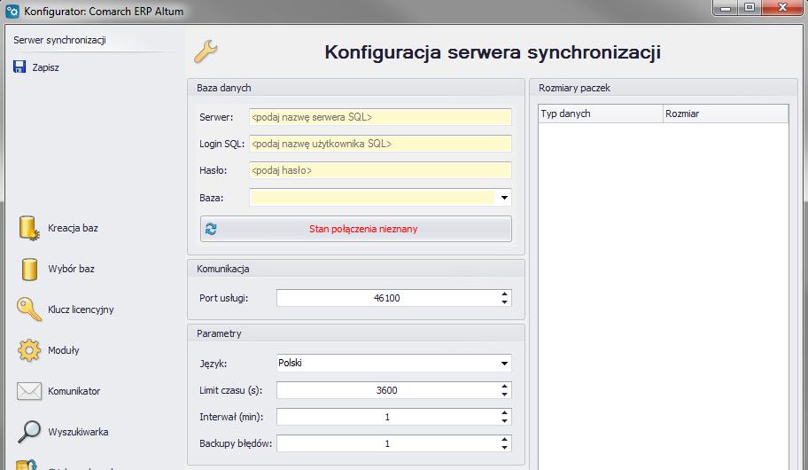 Należy podać nazwę serwera SQL, dane logowania do tego serwera oraz nazwę bazy, a następnie sprawdzić połączenie przyciskiem odświeżania.