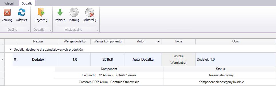 8.1. Instalacja lokalna W pierwszej kolejności należy zarejestrować dodatek za pomocą przycisku Rejestruj, po czym wskazać ścieżkę do pliku, który zawiera pakiet instalacyjny dodatku.