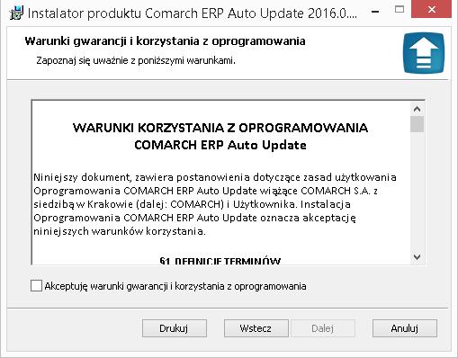 Rys. 3 Okno umowy licencyjnej Kolejnym etapem jest zaakceptowanie warunków gwarancji i korzystania z oprogramowania Comarch ERP Auto Update.