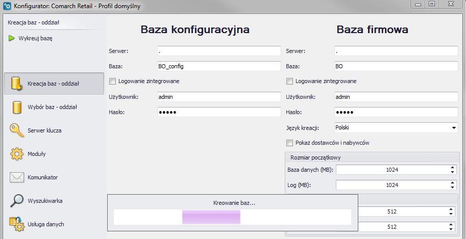 Rys. 149 Kreacja baz za pomocą Konfiguratora Po wykreowaniu baz należy uruchomić Konfigurator BPM (alternatywnie BPM.