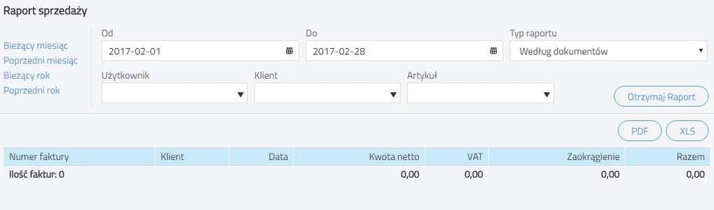 raport, składający się z faktur wystawionych chronologicznie. Użycie dodatkowych filtrów umożliwia przegląd sprzedaży według użytkowników, działów, klientów, artykułów.