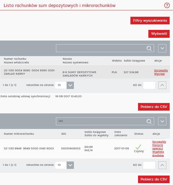 Data założenia mikrorachunku Status mikrorachunku Dostępne są również akcje: Szczegóły wyświetlenie szczegółów mikrorachunku Historia operacji wyświetla historię operacje na mikrorachunku Wypłata