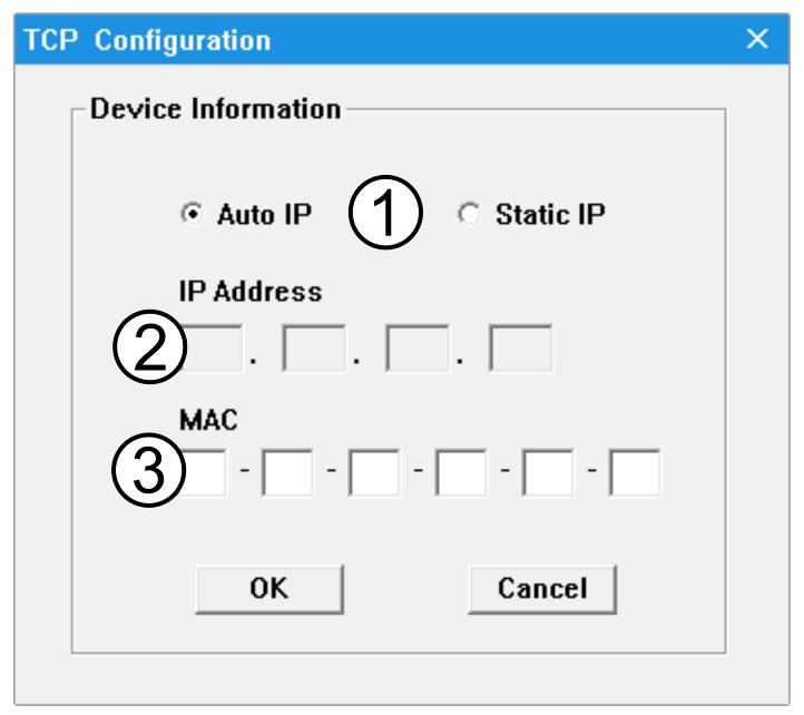 Konfiguracja TCP Po wyborze przycisku config z pola nr 7, pojawi się okienko: 1.