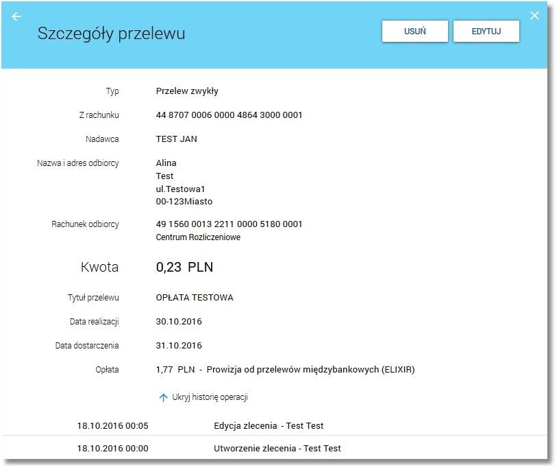 Z poziomu szczegółów przelewu użytkownik ma możliwość podglądu informacji o akacjach jakie miały miejsce na danym zleceniu (np. utworzenie zlecenia).