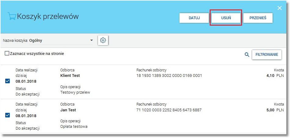 Zaznacz wszystkie na stronie) a następnie wybrać przycisk [USUŃ] dostępny w nagłówku formatki Koszyk przelewów.
