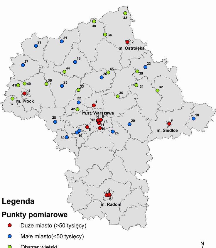 w 9 miastach powyżej 50 tys. mieszkańców (w 3 punktach w Radomiu, 2 w Płocku i po jednym w Legionowie, Ostrołęce, Pruszkowie, Siedlcach), w 15 miastach poniżej 50 tys.