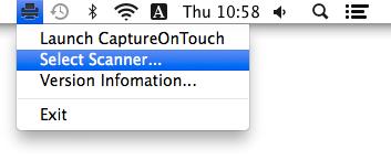 1 Kliknij (ikonę CaptureOnTouch) na pasku menu, a następnie kliknij w wyświetlonym menu pozycję [Select Scanner] [Wybierz skaner].