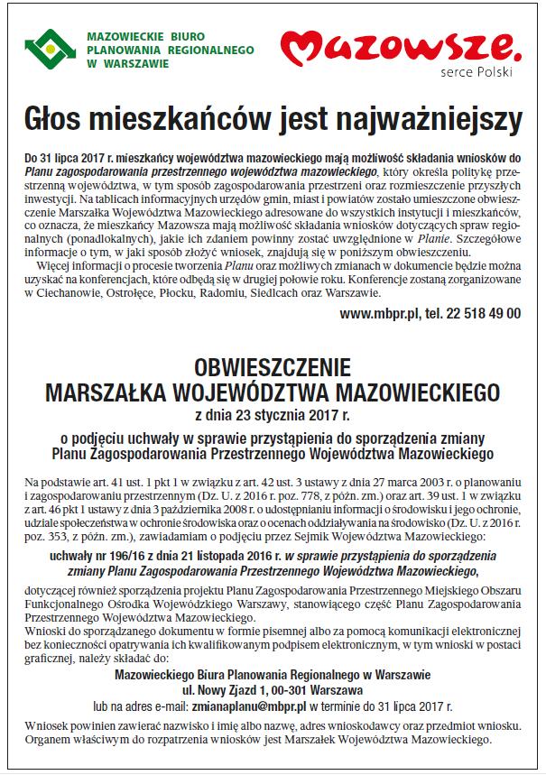 Konsultacje społeczne zmiany PZPWM Obwieszczenie Marszałka Województwa Mazowieckiego z dnia 23 stycznia 2017 r.