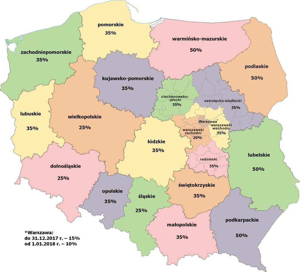 ZASADY FINANSOWANIA PROJEKTÓW PRZEDSIĘBIORSTW W LATACH 2014-2020 Mapa pomocy regionalnej - regiony kwalifikujące się do krajowej regionalnej pomocy inwestycyjnej na mocy unijnych zasad pomocy państwa