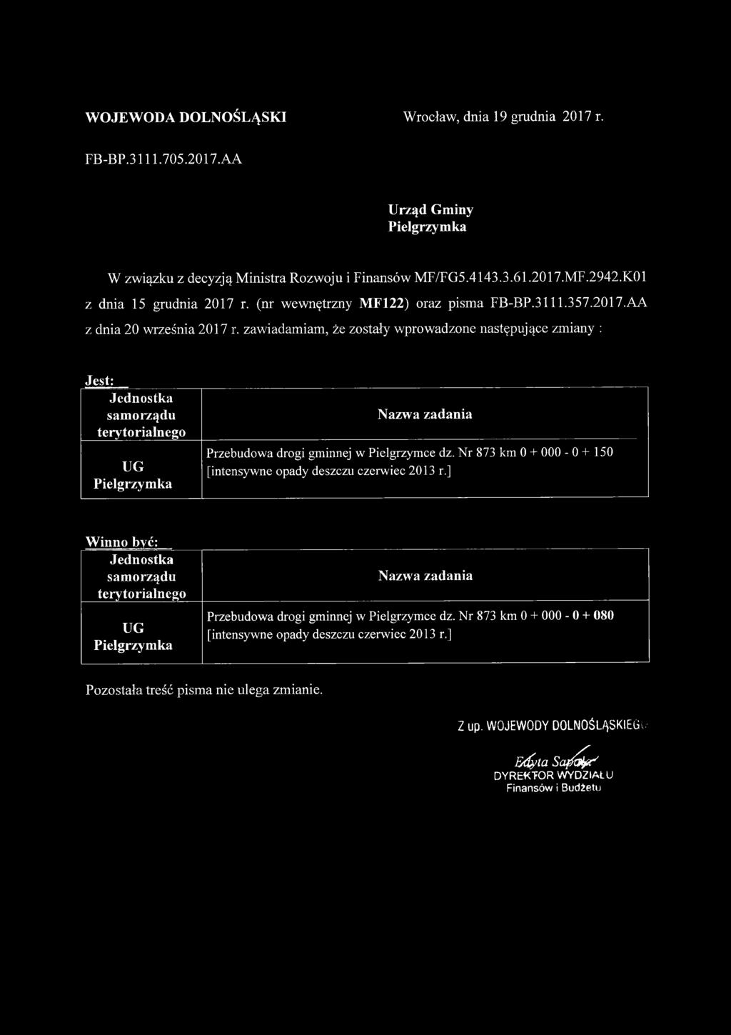 FB-BP.3111.705.2017.AA Pielgrzymka z dnia 15 grudnia 2017 r. (nr wewnętrzny MF122) oraz pisma FB-BP.3111.357.2017.AA z dnia 20 września 2017 r.