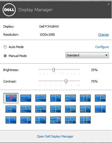 Używanie okna dialogowego szybkich ustawień Kliknięcie ikony Dell Display Manager na pasku powiadomień, otwiera okno dialogowe szybkich ustawień.