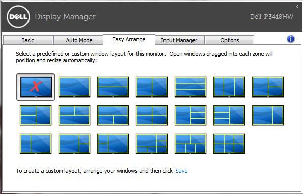 Łatwa aranżacja układu okna monitora W obsługiwanych monitorach Dell karta Easy Arrange (Łatwa aranżacja) umożliwia łatwe rozmieszczenie otwartych okien za pomocą jednego ze zdefiniowanych układów