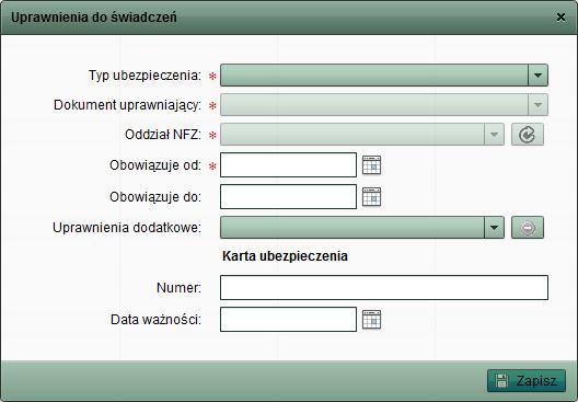 Wówczas pojawi się okno jak poniżej, w którym należy uzupełnić odpowiednie pola w zależności od podstawy ubezpieczenia pacjenta i posiadanego dokumentu uprawniającego.