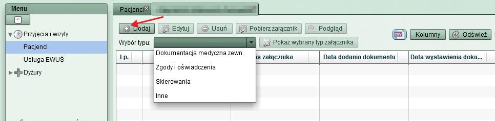 9. Załączniki przypisane do pacjenta System medyczny umożliwia dołączanie różnego rodzaju załączników tzn. plików (w postaci pdf, jpg) zawierających m.in.