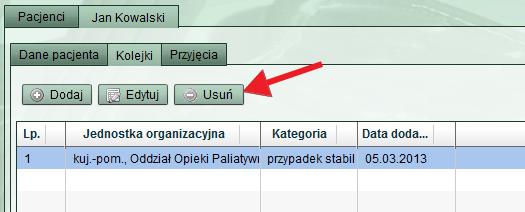 11. Usunięcie pacjenta z kolejki oczekujących. Pacjent zostanie automatycznie skreślony z kolejki po przyjęciu go na oddział lub poradnię, do której oczekuje, tzn.