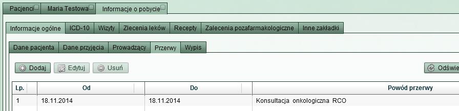 47 W celu edycji danych przerwy, zaznaczamy wybraną przerwę klikając na nią i wciskamy przycisk Edytuj, następnie poprawiamy dane widoczne w formularzu takim, jak na Rys. 47.