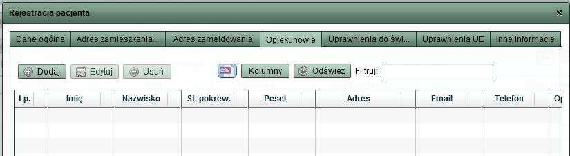 Rys. 11 Kolejną zakładką widoczną na formularzu rejestracji pacjenta jest zakładka Opiekunowie: Rys. 12 Do pacjenta można przypisać dowolną ilość opiekunów.