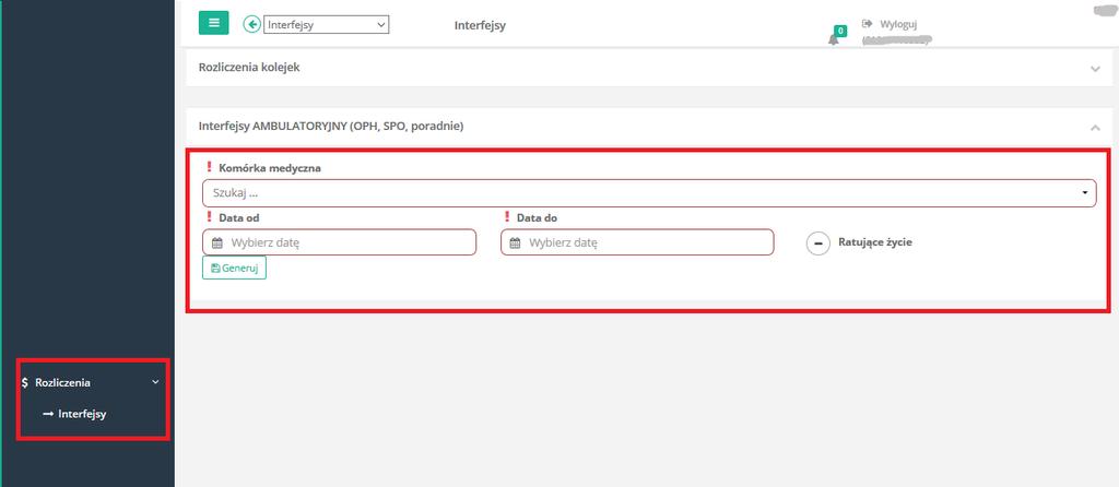 Generowanie interfejsu świadczeń ambulatoryjnych z eopieka Aby wygenerować interfejs świadczeń ambulatoryjnych należy wybrać komórkę medyczną oraz okres rozliczeniowy.
