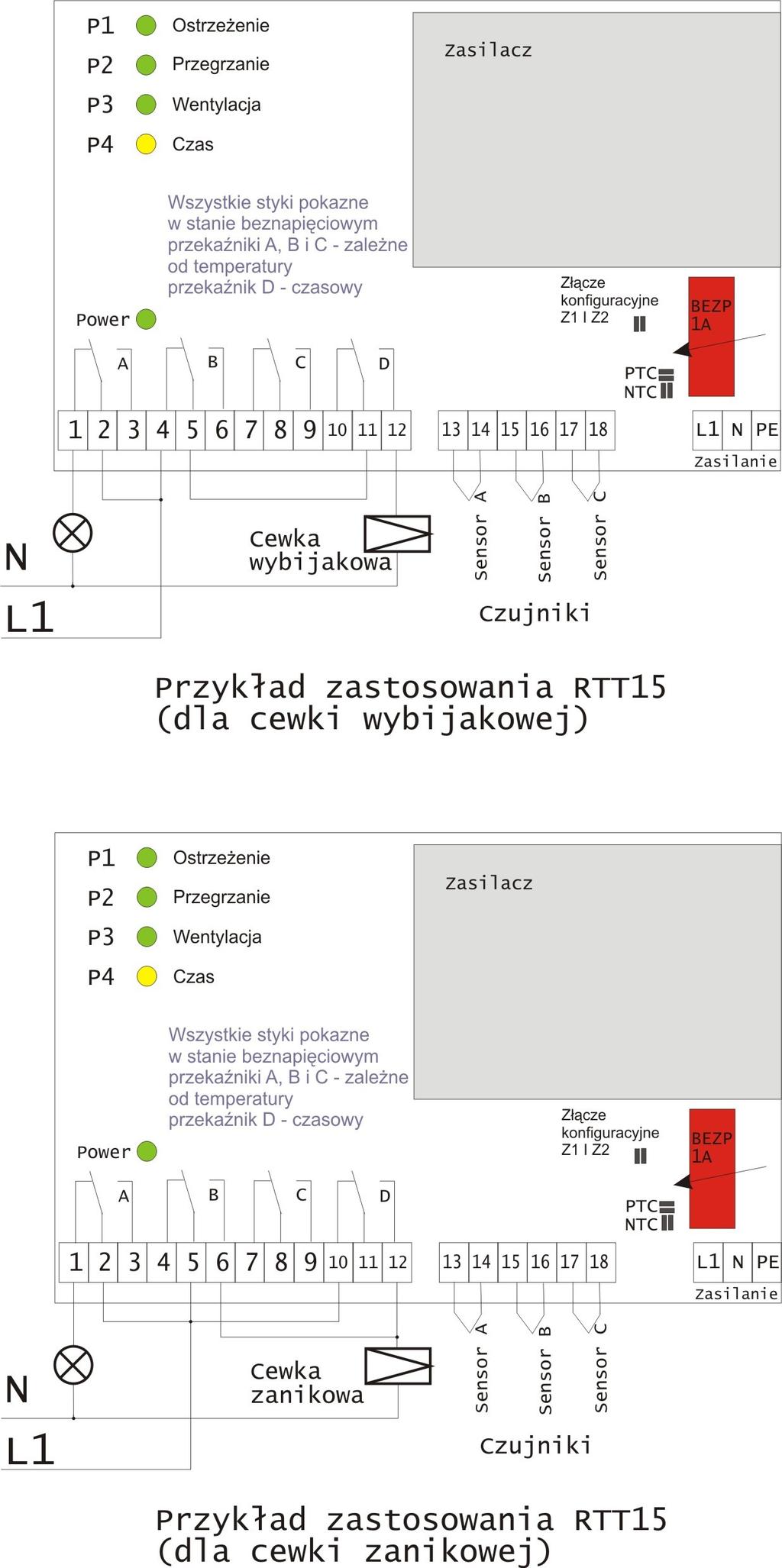 Rys.2 Przykłady zastosowania układu RTT15 wyposażonego w 2 czujniki temperatury z wyłącznikami