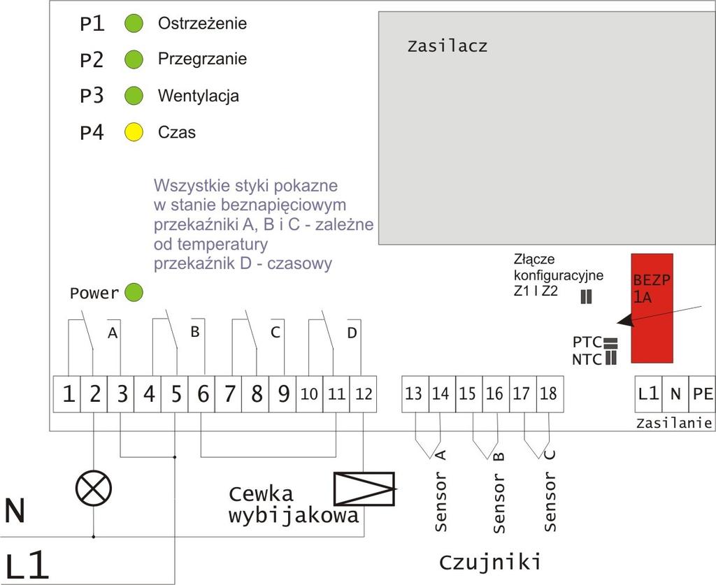 PRZYKŁAD KONFIGURACJI NIE POWODUJĄCEJ WYŁĄCZENIA PO ZANIKU ZASILANIA. 1.